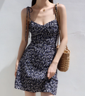 French retro slim fit navy blue floral dress waist suspender dress short skirt R2816