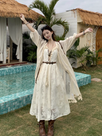 Fairy travel outfit V-neck suspender embroidered long skirt tassel sunscreen cardigan two-piece suit R1728