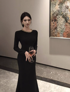 Hepburn style French black annual meeting dress high-end niche heavy backless dress R1815