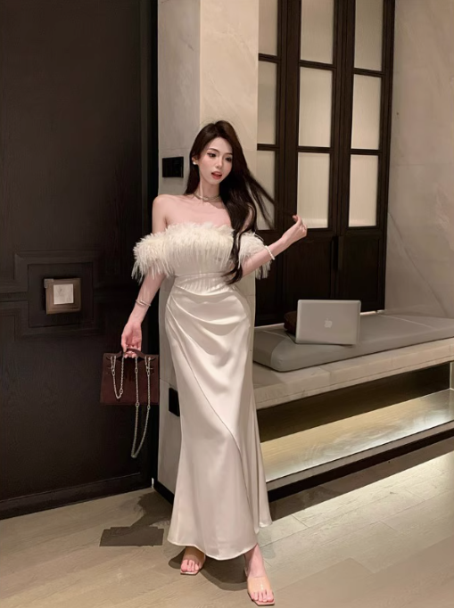 White one-shoulder dress 2025 sexy tube top hip slit banquet evening dress skirt R1528