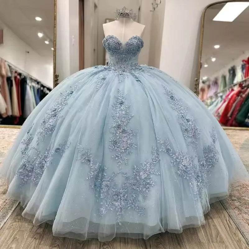 Sparkly Light Blue Quinceanera Dress Cape Flower Lace Vestidos de 15 Anos Birthday Party Princess Ball Gown