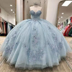 Sparkly Light Blue Quinceanera Dress Cape Flower Lace Vestidos de 15 Anos Birthday Party Princess Ball Gown