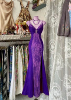 V Neck Lace Burgundy Long Prom Dress Mermaid Evening Party Gown