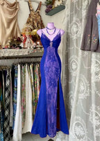 V Neck Lace Burgundy Long Prom Dress Mermaid Evening Party Gown