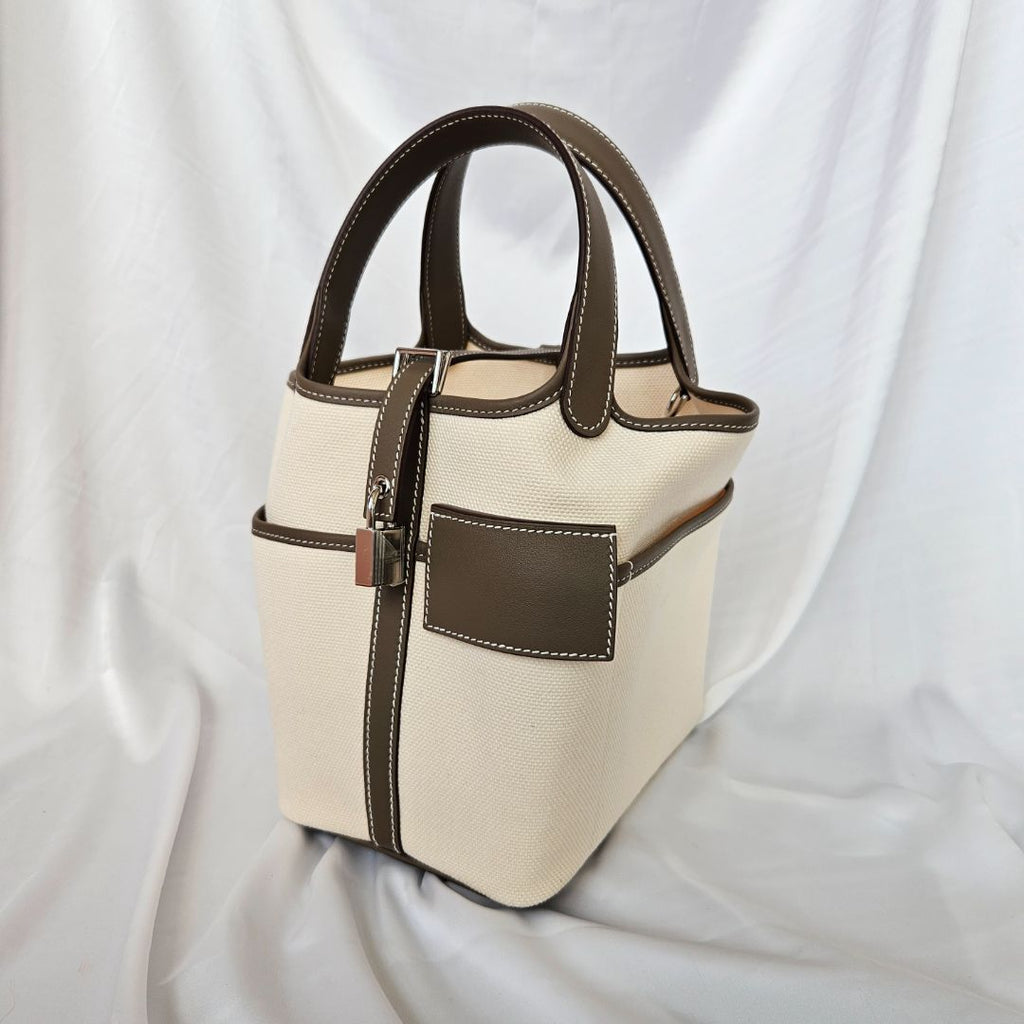 Hermés Cargo Picotin Lock 18 Pockets with Ecru Canvas & Etoupe Swift calfskin