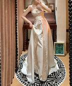 Fashion Strapless Satin Embroidery Beaded Mermaid Party Dress Evening Gown Ivory Long Wedding Guest Dress