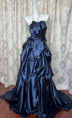 Vintage Navy Blue Strapless Satin Long Ball Gown Evening Dress cc5287