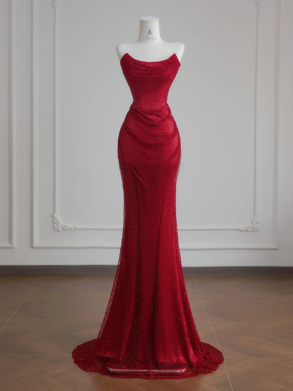 Deep red strapless fitted waist bodycon long sexy ball gown/bridal dress R8235