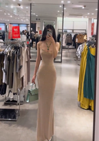 Light brown spaghetti strap waist-cinching slim-fit bodycon prom dress R7921