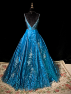 Blue halter-neck fitted ball gown with a full skirt, elegant and sophisticated R8678