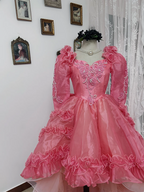 Pink square-neck fitted waist ball gown with a full skirt, bridal dress R7247