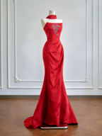 Red strapless, fitted waist, slimming, and sexy long ball gown R8169