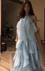 Light blue halter neck puffy cake backless sexy long ball gown R8084