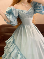 Light Blue Waist-Cinched Puffball Tiered Skirt Ball Gown, Bridal Gown R7346