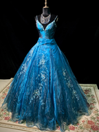 Blue halter-neck fitted ball gown with a full skirt, elegant and sophisticated R8678