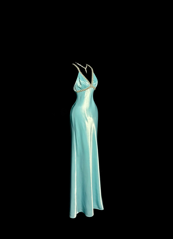 Light blue halter-neck fitted backless long sexy ball gown R8104