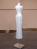White Chinese-style cheongsam, fitted waist, long ball gown, bridal dress R8285