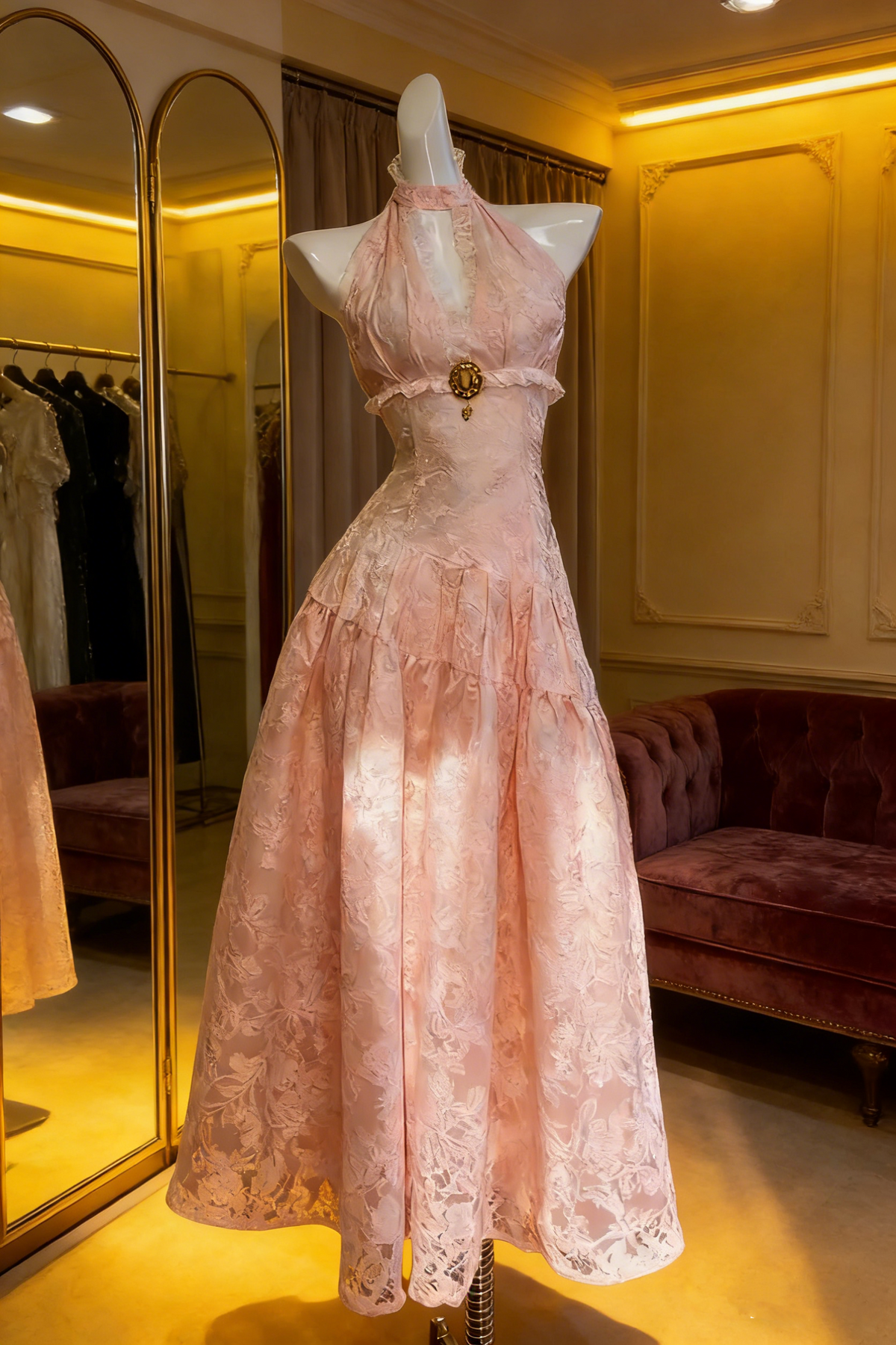 Cute Pink Halter Satin Lace Floral A Line Birthday Prom Dress Long Party Gown SP1567