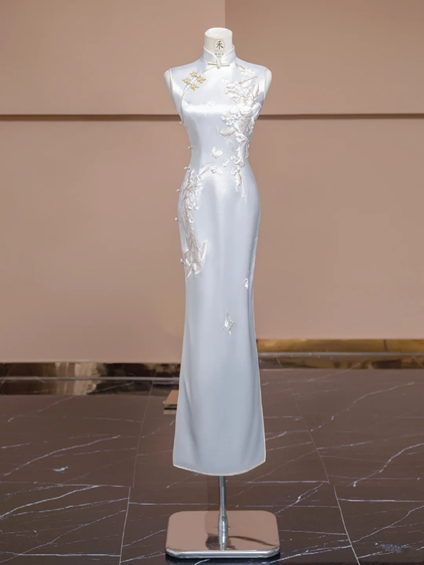 White Chinese-style cheongsam, fitted waist, long ball gown, bridal dress R8285