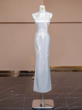 White Chinese-style cheongsam, fitted waist, long ball gown, bridal dress R8285