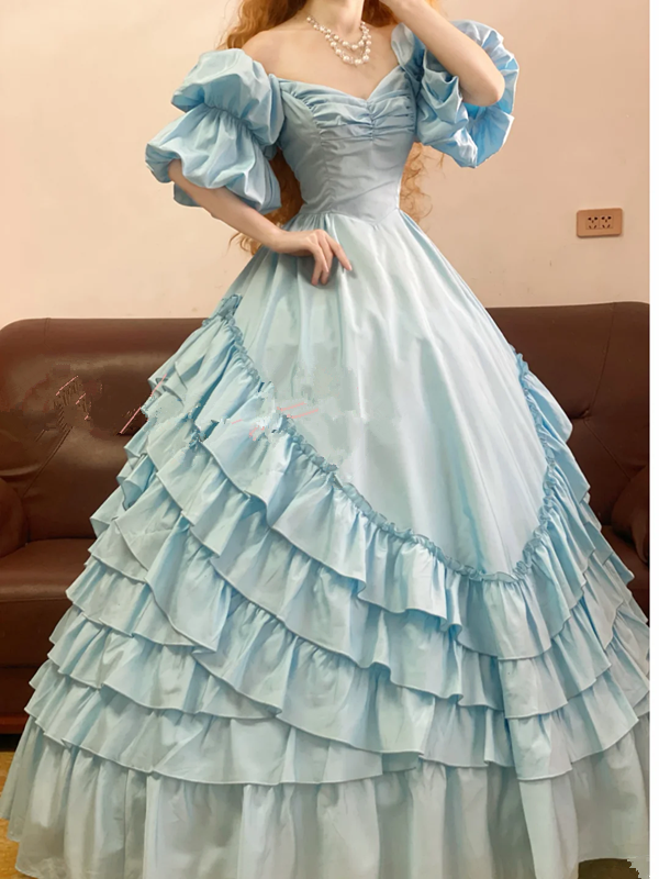 Light Blue Waist-Cinched Puffball Tiered Skirt Ball Gown, Bridal Gown R7346
