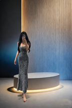 Silver halter-neck fitted bodycon sequined ball gown R8040