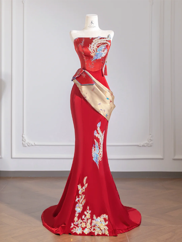 Red strapless, fitted waist, bodycon, sexy and elegant long ball gown/bridal dress R8255