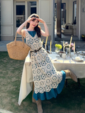 Fairy simple and elegant French blue suspender dress v-neck hollow woven knitted cardigan suit R1760