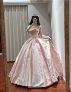 Princess Pink Strapless Ruffled Neck Satin Floor-Length Ball Gown Evening Dress cc5288