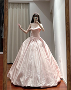 Princess Pink Strapless Ruffled Neck Satin Floor-Length Ball Gown Evening Dress cc5288