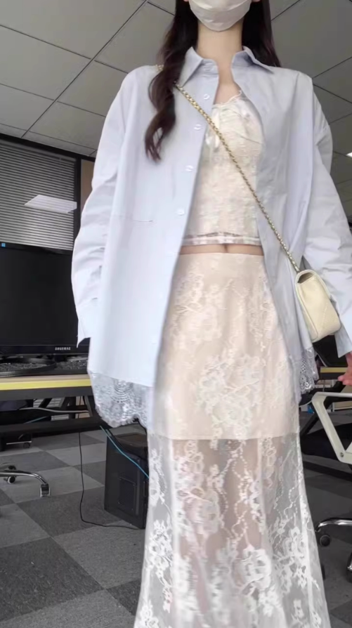 Unique beautiful blue long-sleeved shirt lace skirt two-piece suit 2025 R0860