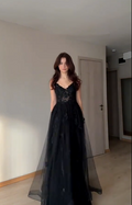 Elegant Spaghetti Straps Black Tulle Appliques Slit A Line Long Party Dress Evening Gown