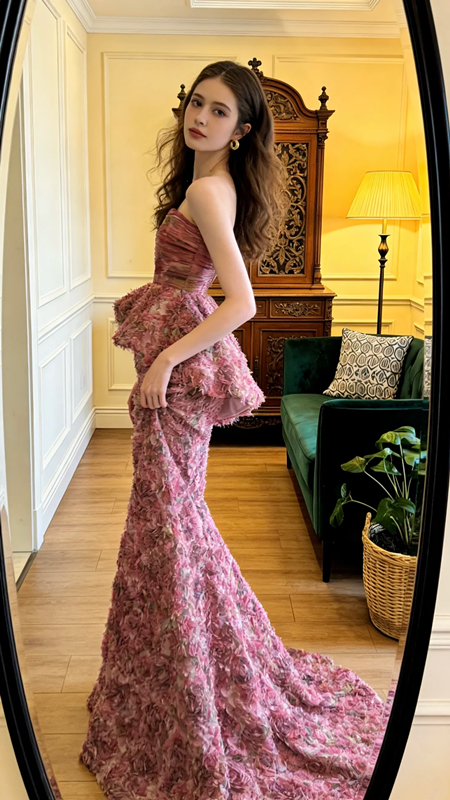 Pink floral strapless fitted waist bodycon sexy long ball gown R8588