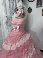 Light pink strapless fitted waist ball gown with a full tiered skirt, bridal gown R7248