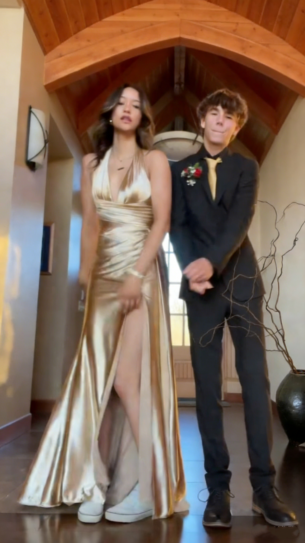 Sexy Halter V Neck Gold Satin Slit Mermaid Party Dress Long Wedding Guest Dress SP1547