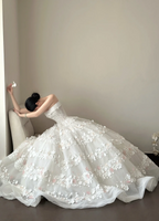 White strapless, waist-cinched, full-skirted long prom dress R7962
