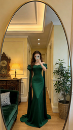 Green off-the-shoulder fitted waist slimming hip-hugging sexy long ball gown R8619