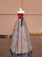 Red strapless fitted bodice with black lace floral print long ball gown R8401