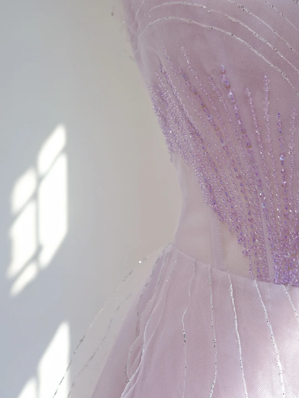 Light purple strapless, fitted waist, full skirt, long ball gown R8461