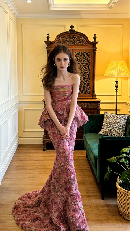 Pink floral strapless fitted waist bodycon sexy long ball gown R8588