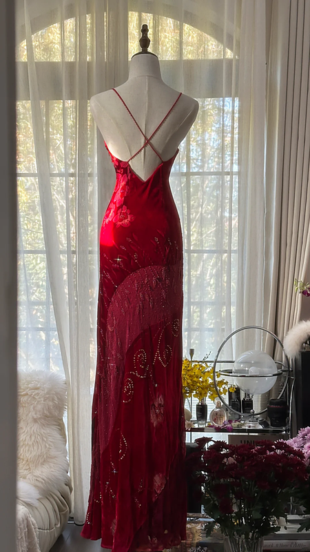 Pink retro floral print halter top, fitted waist, sexy long ball gown R7731