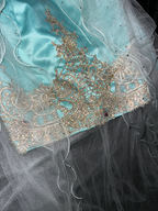 Lake blue dress with gold floral pattern, strapless, fitted waist, short ball gown R6895