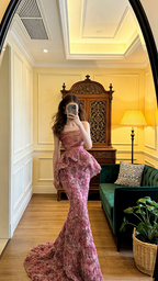 Pink floral strapless fitted waist bodycon sexy long ball gown R8588