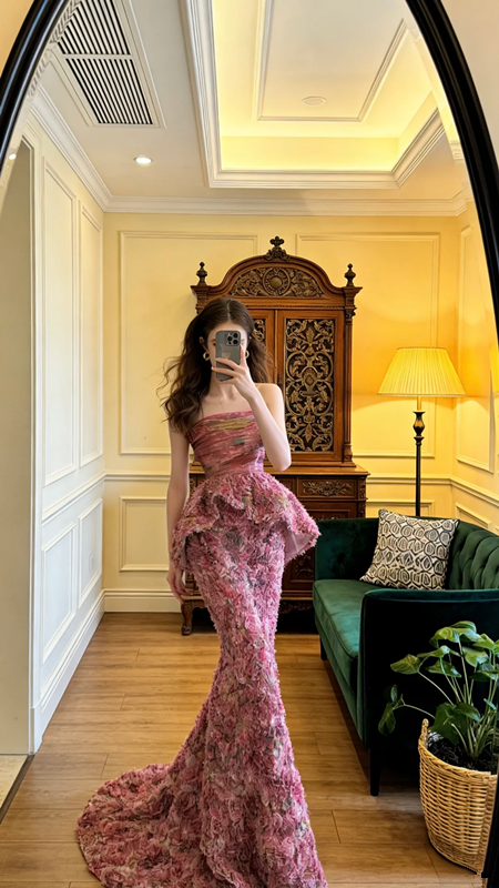Pink floral strapless fitted waist bodycon sexy long ball gown R8588
