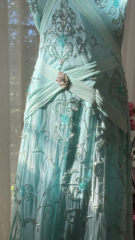 Light blue halter-neck, fitted, backless, long ball gown R7762