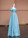 Blue puff-sleeved, fitted, long, elegant ball gown R8491