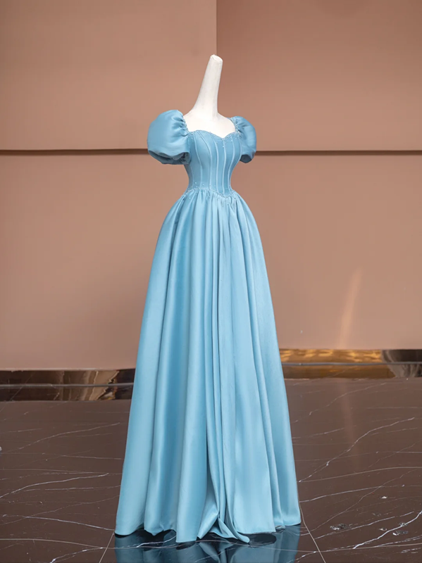 Blue puff-sleeved, fitted, long, elegant ball gown R8491