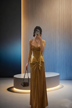 Gold, fitted, bodycon, sexy, long, elegant ball gown R8041