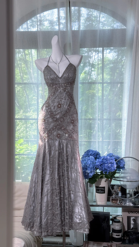 Grey halter-neck rhinestone-embellished fitted bodycon long ball gown R7611