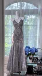 Grey halter-neck rhinestone-embellished fitted bodycon long ball gown R7611